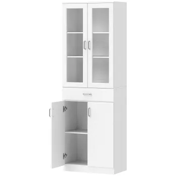 HOMCOM Bufet inalt pentru bucatarie, dulap de bucatarie, 4 usi dintre care 2 din sticla, sertare, etajere reglabile, 60x35x180cm, alb | Aosom Romania 110b imagine