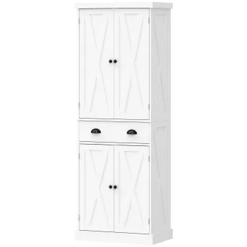 HOMCOM Bufet Inalt pentru Bucatarie, Dulap de Bucatarie cu 4 Usi, Sertar si Polite Reglabile, Stil Rustic, 62x38x173cm, Alb | Aosom Romania df3d imagine