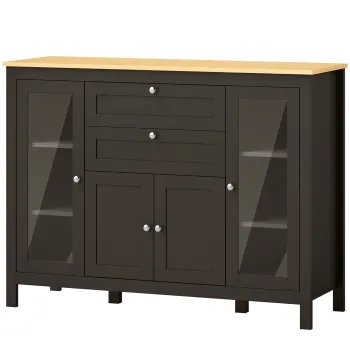HOMCOM Bufet mobilier de depozitare 1 dulap cu usi duble 2 dulapuri cu usi din sticla 2 sertare raft reglabil 120x40x90cm negru | Aosom Romania a507 imagine