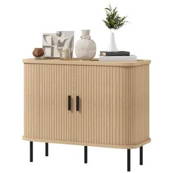 HOMCOM Bufet mobilier de depozitare cu usi culisante cu lamela, dulap de bucatarie cu picioare din otel, ton stejar | Aosom Romania 766f imagine