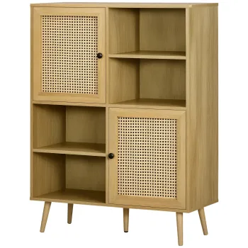 HOMCOM Bufet mobilier de depozitare dulap inalt aspect lemn si rachita design 2 usi - dim. 90L x 32,5l x 120I cm | Aosom Romania 9e66 imagine