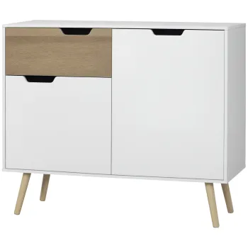 HOMCOM Bufet Mobilier de depozitare pe picior de tip scandinav cu dulapuri pentru Baie, sufragerie, Bucatarie, Picioare din lemn masiv de pin - Alb - dim. 98L x 39l x 81.5H cm | Aosom Romania 923e imagine