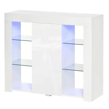 HOMCOM Bufet Modern cu Usa si Lumini LED cu Finisaj Lucios si Rafturi din Sticla, Dulap Mutifunctional 97x35x83cm, Alb Modern e785 imagine