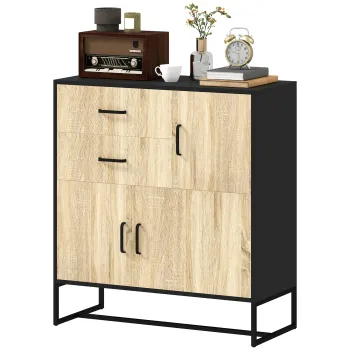 HOMCOM Bufet Modern de Depozitare cu 3 Dulapuri si 2 Sertare din Pal Melaminat si Otel, 80x35x88 cm, Lemn Natural | Aosom Romania 7498 imagine