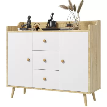 HOMCOM Bufet Modern din PAL si Lemn de di Pin cu 3 Sertare si 2 Dulapioare cu 2 Niveluri, 90x32x80 cm, Alb si Lemn Natur 5222 imagine
