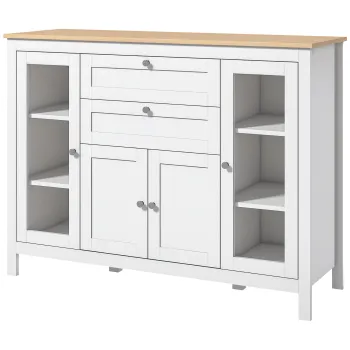 HOMCOM Bufet Sali de Mese cu 2 Usi din Sticla, Mobilier cu Rafturi Reglabile 2 Sertare 1 Dulap, Stil Modern, 120 x 40 x 90 cm, Lemn Natural si Alb | Aosom Romania d112 imagine