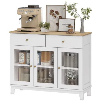 HOMCOM Bufet salon cu 2 dulapuri cu usi din sticla temperata canelata, 2 sertare si rafturi reglabile, 100 x 35 x 80,3 cm, alb | Aosom Romania 9264 imagine