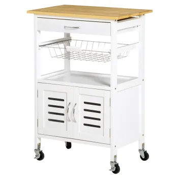 HOMCOM Carrito de Cocina cu Roti Caru cu Depozitare Multifunctional cu Suprafata de Lucru din Bambus Sertar Cos Metalic si Dulap cu 2 Usi cu Jaluzee 58x37x85,5 cm Alb | Aosom Romania 9cc3 imagine