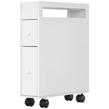 HOMCOM Carucior Cu Rotile pentru Spatiu Ingust Dulap de Baie, Design Compact, doua Sertare, patru Roti, alb, 16 x 49,5 x 66 cm | Aosom Romania 1b18 imagine