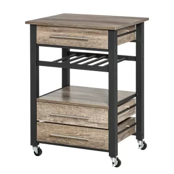 HOMCOM Carucior de bucatarie cu 3 sertare si raft, dulap multifunctional din placi de PAL, 60x50x84.5 cm, culoare stejar  3135 imagine