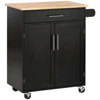 HOMCOM Carucior de Bucatarie cu Sertar si Dulap cu 2 Usi, Insula de Bucatarie cu roti si bara laterala, 83x45x91.5 cm, Negru 1826 imagine