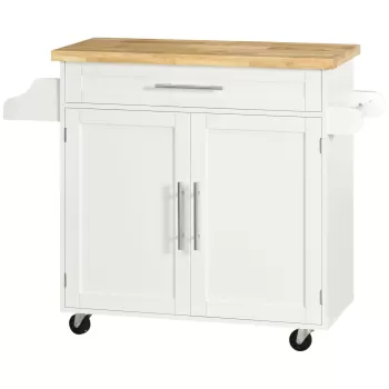 HOMCOM Carucior de bucatarie cu sertar, suport condimente si dulap, 4 roti si blat din lemn, 109x40x89cm, alb | AOSOM RO 2fae imagine