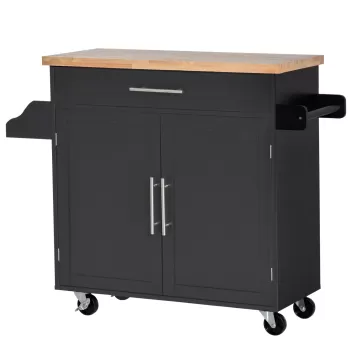 HOMCOM Carucior de bucatarie cu sertar, suport pentru condimente si dulapior, 4 roti si blat de lucru din lemn, 109x40x89 cm, Negru ddc2 imagine