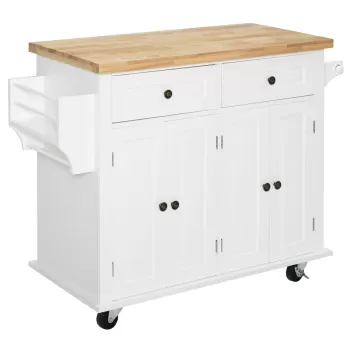 HOMCOM carucior de bucatarie cu sertare, dulapuri, suport pentru condimente si 4 roti, din lemn, 111x44.5x82.5cm, alb 7d6c imagine