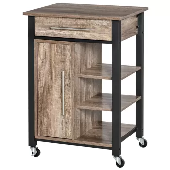 HOMCOM Carucior de bucatarie cu suport de pahare cu sertar, rafturi, dulap si 4 roti, fabricat din placi de PAL, 60x50x84.5 cm, culoare stejar 4c07 imagine