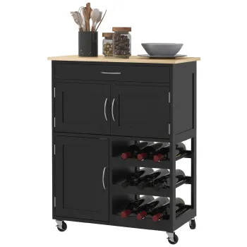 HOMCOM Carucior de Bucatarie cu Suport pentru Sticle, 3 Usi, 4 Roti si Sertar, Dulapior de Bucatarie, 67x37x87 cm, Negru | Aosom Romania f93e imagine