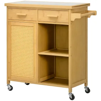 HOMCOM Carucior de bucatarie din bambus, Carucior multifunctional, Carucior de servire, 2 sertare, 1 dulap,  2 rafturi, Natural | Aosom Romania 7eeb imagine