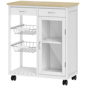 HOMCOM Carucior de Bucatarie din Bambus cu 2 Sertare, Dulap, Raft si 2 Cosuri din Otel, 67x35x80 cm, Alb | Aosom Romania dc62 imagine