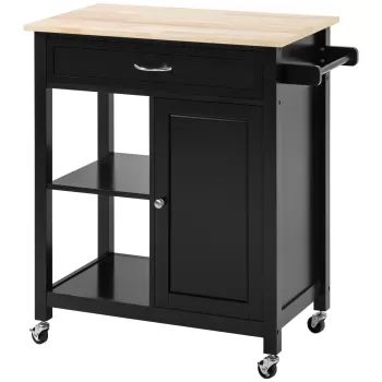 HOMCOM Carucior de Bucatarie din Lemn cu Sertar, Dulapior si Etajere cu Roti, 83x45x88cm, Negru | Aosom Ro 0cbe imagine