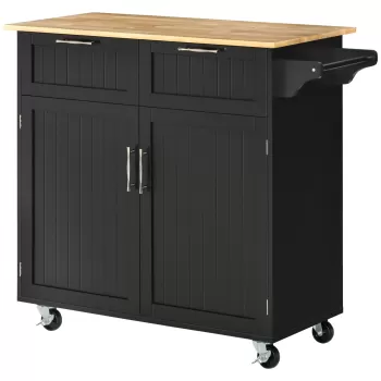 HOMCOM Carucior de bucatarie multifunctional din lemn cu 2 sertare, dulapior si 4 roti, 104x46x91cm, negru 478b imagine