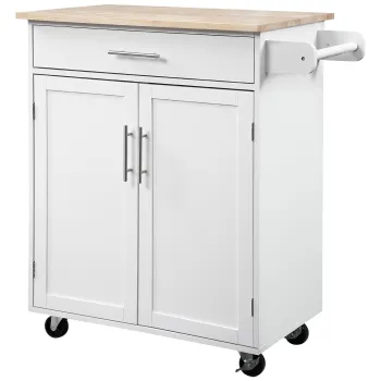 HOMCOM Carucior de bucatarie pe roti carucior de servire insula de bucatarie cu sertar, dulap si suport pentru prosoape - alb | Aosom Romania 9223 imagine