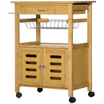 HOMCOM Carucior de bucatarie u sertar, dulap si cos extras, carucior din lemn cu roti pivotante din lemn, 66x36x79cm bd72 imagine