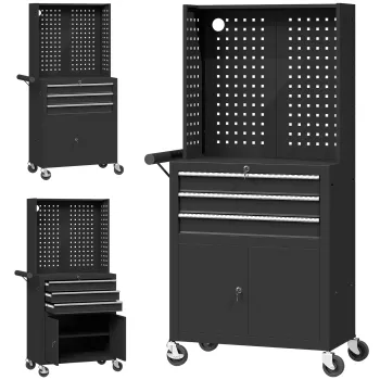 HOMCOM Carucior de Scule din Otel cu Blat de Lucru, 3 Sertare, Dulap, Panouri Perforate, Roti, Negru | Aosom Romania 48a2 imagine