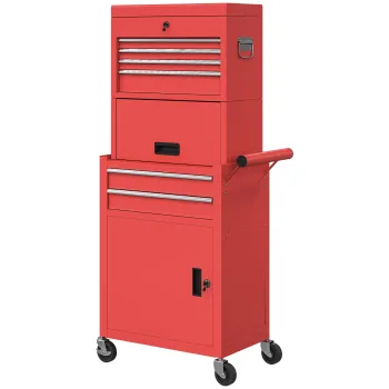 HOMCOM Carucior pentru Scule din Otel cu Incuietoare, 6 Sertare, 2 Dulapuri, Panou Perforat, Roti si Maner, Rosu | Aosom Romania b73e imagine