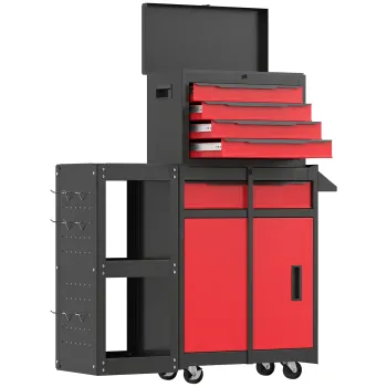 HOMCOM Carucior pentru scule pe roti 3 in 1 cu 5 sertare si dulap inferior panouri perforate si incuietoare Negru si Rosu | Aosom Romania d27f imagine