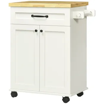 HOMCOM Carut de bucatarie pe roti cu multiple depozitari 1 sertar 1 dulap 1 suport pentru prosoape alb cu blat din lemn | Aosom Romania 8505 imagine