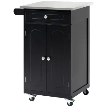 HOMCOM Carut de servire pentru bucatarie pe roti, multiple spatii de depozitare, 1 sertar, dulap cu 2 usi si raft, suport prosop, MDF negru, otel inoxidabil | Aosom Romania d911 imagine