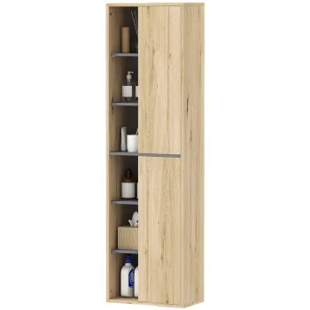 HOMCOM Coloana de Baie de Perete Dulap de Baie cu Compartimente Deschise si 2 Usi 40x24x141,5 cm Natural | Aosom Romania 1111 imagine
