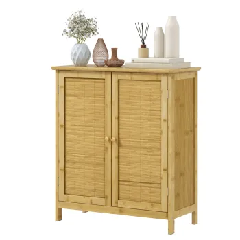 HOMCOM Comoda in Stil Boho din Rattan si Bambus, Dulap cu 2 Usi si Raft Interior, 60x27x67.5 cm, Lemn Natural | Aosom Romania 89b0 imagine