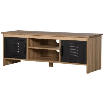 HOMCOM Comoda TV 110 cm, Design Industrial, cu 2 dulapuri, 2 nise, 2 orificii pentru cabluri, Aspect lemn cu vene, Usi metal negre | Aosom Romania 3c48 imagine