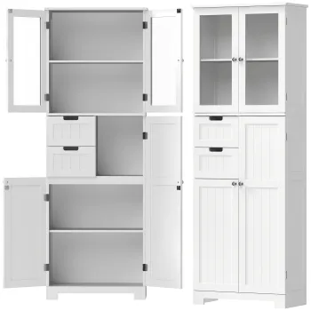 HOMCOM Corp inalt de depozitare, dulap cu usi vitrate si rafturi reglabile pentru baie, bucatarie, living, alb | Aosom Romania aa39 imagine