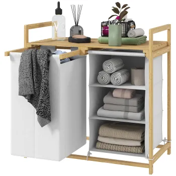 HOMCOM Cos pentru Rufe cu 2 Saci Detasabili, Dulap pentru Rufe de Baie cu Manere si Raft din Bambus, 70x36x70 cm, Alb | Aosom Romania 3d19 imagine
