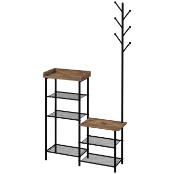 HOMCOM Cuier pentru Haine de Podea cu 6 Carlige din PAL si Otel cu Dulap de Pantofi cu mai multe Rafturi, 92.5x28.2x182 cm, Maro 2af0 imagine