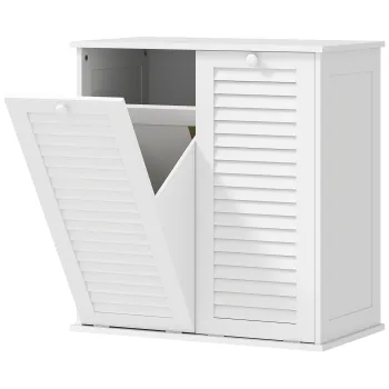 HOMCOM Dulap baie cu cos de rufe mobilier baie din lemn usi lamelare 2 cosuri 70 x 38 x 73 cm alb | Aosom Romania 21a1 imagine