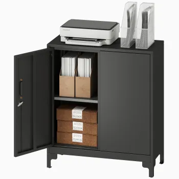 HOMCOM Dulap birou din metal, usi blocabile, comoda de birou, design cu doua niveluri, Negru | Aosom Romania e68f imagine