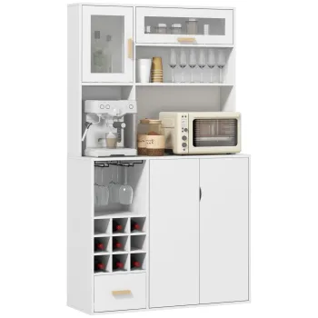 HOMCOM Dulap Cafenea de Bucatarie cu Depozit de Vinuri, Bufet cu Cabina, Blat cu Microunde, Sertar, Polita, Usi din Sticla, 100x38x172 cm, alb 7e12 imagine