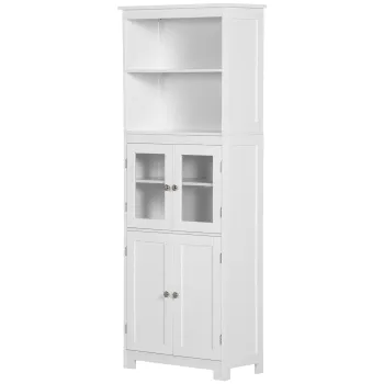 HOMCOM Dulap Camara cu 2 Rafturi Deschise si 2 Dulapuri cu Usi, Dulap de Bucatarie din MDF si Sticla Securizata, 60x30x162 cm, Alb 3127 imagine