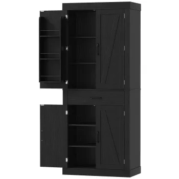 HOMCOM Dulap camara de bucatarie in stil country, cu 2 dulapuri, 6 rafturi si sertar, din lemn, 76 x 39,5 x 183,5 cm, negru | Aosom Romania 27a7 imagine