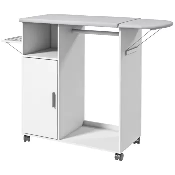 HOMCOM Dulap cu Masa de Calcat din PAL si Burete cu Blat de Lucru din Tesatura Efect In, 3 Rafturi Cub si Ghidaj pentru Agatat, 127x42.5x99 cm, Alb 4c41 imagine