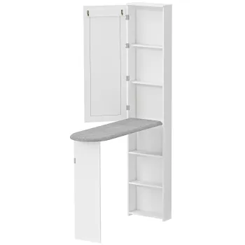 HOMCOM Dulap cu Masa de Calcat Pliabila Economisitor de Spatiu cu Oglinda, Dulap Multifunctional cu 6 Compartimente, 2 Carlige, pentru Spalatorie Baie, 107x35x174 cm, Alb | Aosom Romania 36ad imagine