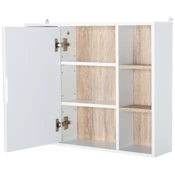 HOMCOM Dulap cu Oglinda din MDF si PAL, Dulap de Baie cu 3 Rafturi Laterale si Raft Interior Reglabil, 60x14.5x49.4 cm, Alb si Lemn Natur | Aosom RO 9d73 imagine
