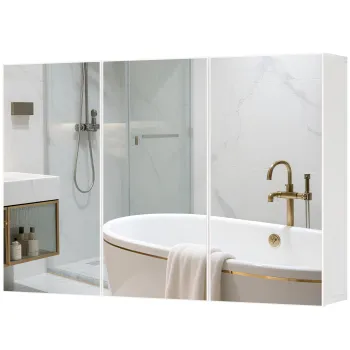 HOMCOM Dulap cu oglinda pentru baie, Badschrank cu 3 usi cu oglinda, Montaj pe perete, 90 x 15,5 x 60 cm, Placa de fibra, Alb | Aosom Romania b29b imagine