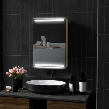 HOMCOM Dulap cu oglinda pentru baie cu lumini LED si rafturi din sticla reglabile, montat pe perete 50x12,5x70cm, lemn natural | Aosom Romania 8d17 imagine