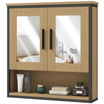 HOMCOM Dulap cu oglinda pentru baie, mobilier baie cu compartiment deschis si raft reglabil, stejar | Aosom Romania 0f42 imagine