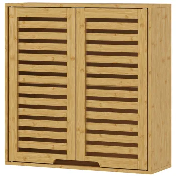 HOMCOM Dulap de Baie cu Raft Intern Reglabil si Usi Tip Lama, din Bambus, 60x20x60 cm, Culoare Lemn | Aosom Romania 61aa imagine