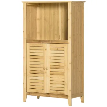 HOMCOM Dulap de baie, dulap baie, raft independent cu 2 usi oblon, raft deschis, bambus, dulap de depozitare pentru baie, living 50 x 25,5 x 92cm Natural | Aosom Romania 2b95 imagine